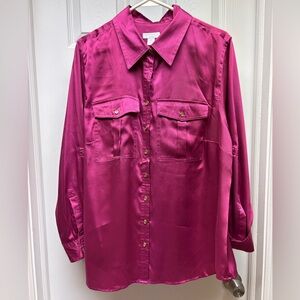 Charter Club Woman Satin Button-Down Blouse Fuchsia Pink | Size 18W